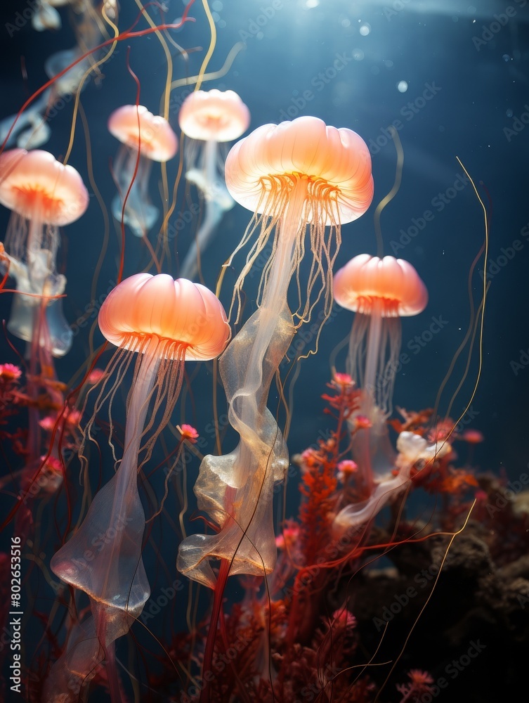 The graceful dance of jellyfish in the deep blue sea, a mesmerizing spectacle of nature's beauty. The graceful dance of jellyfish in the deep blue sea, a mesmerizing spectacle of nature's beauty.
