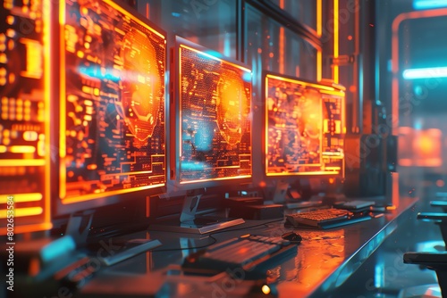 Computers secured by a holographic cyber shield, 4K, bright orange digital waves, scifi interior, medium shot