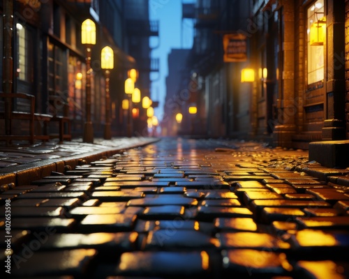 The image is a wet cobblestone street with traditional lanterns at night. © sorrakrit