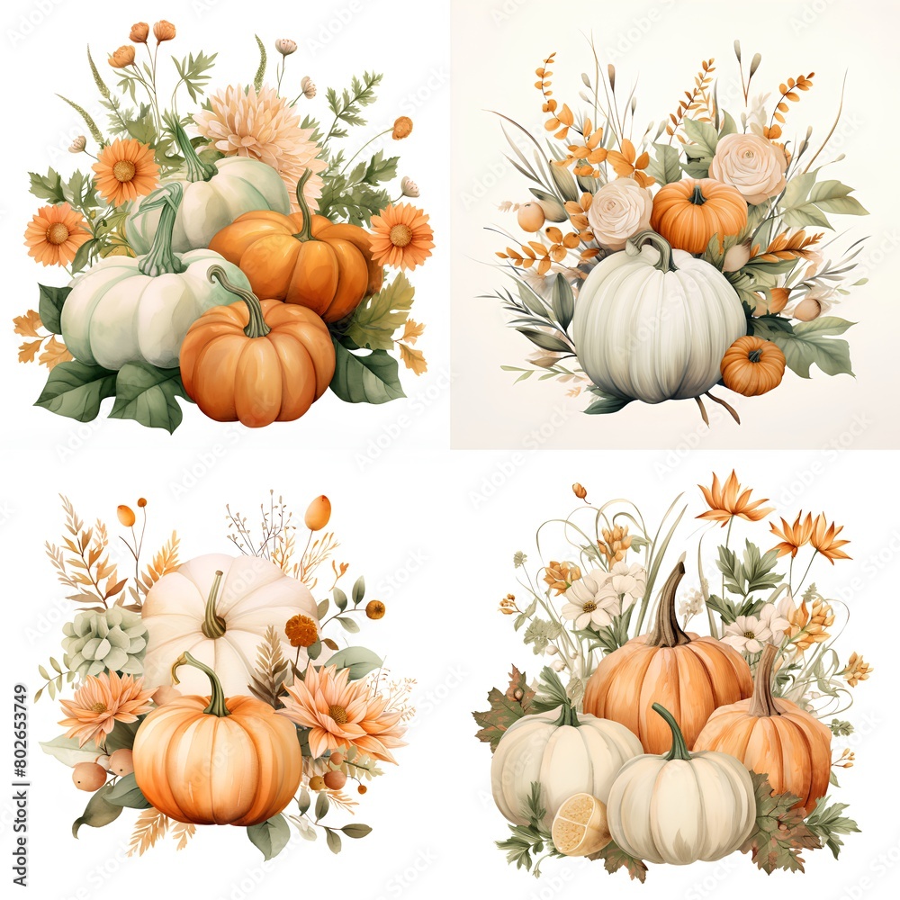 Set of pumpkins with autumn flowers and leaves. Vector illustration.