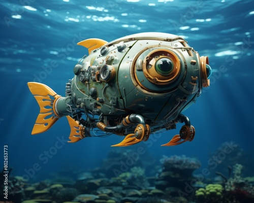 The image shows a steampunk fish. It has a mechanical body with a glass eye. It is orange and green in color. It is swimming in a deep blue sea.