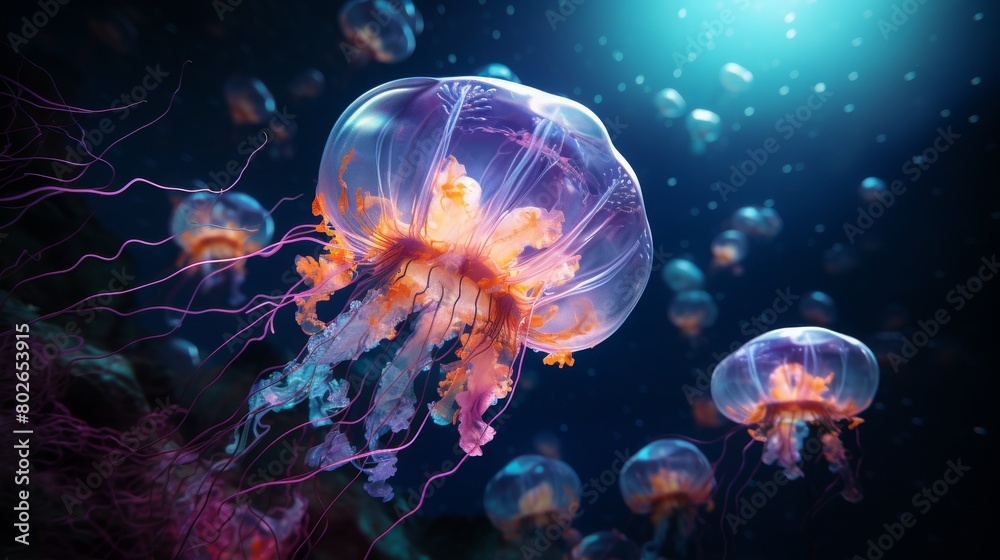 The wonders of the ocean come alive in this stunning image. A group of jellyfish gracefully swim through the water. The wonders of the ocean come alive in this stunning image. A group of jellyfish gracefully swim through the water.