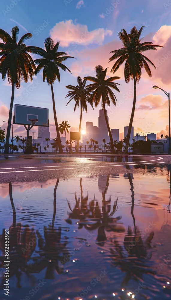 Obraz premium sunset over the city in a basketball court