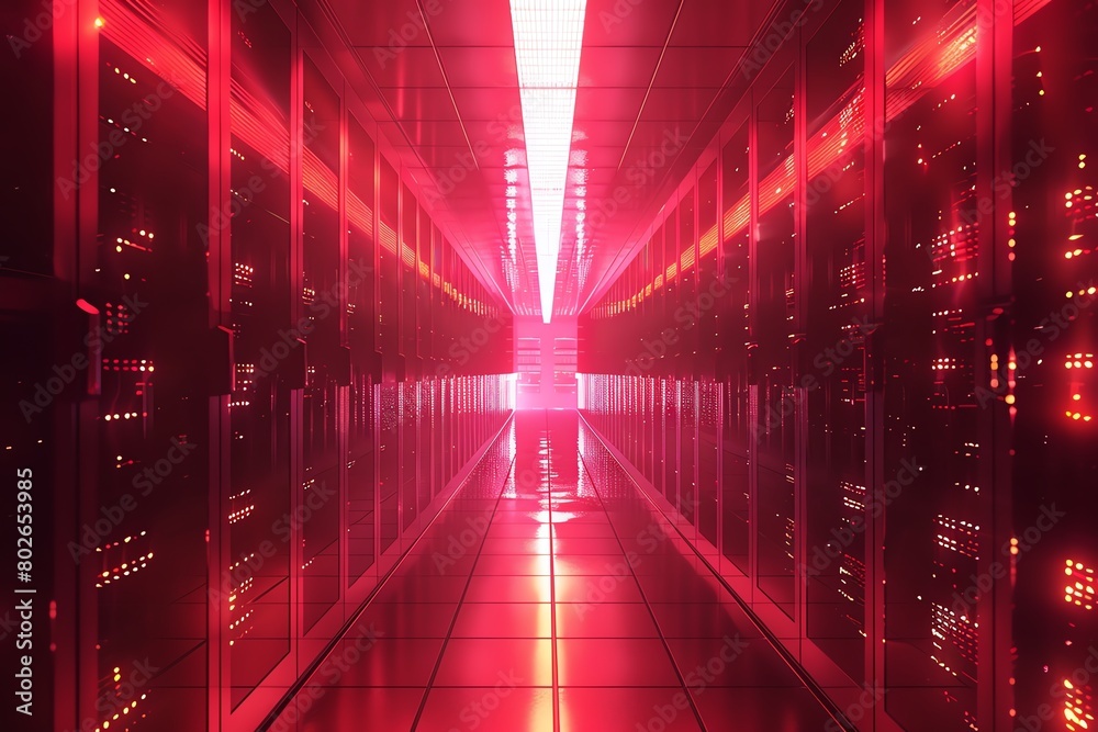 Digital defense barrier around server racks, 4K, pulsating red hues, intense scifi tone, front angle