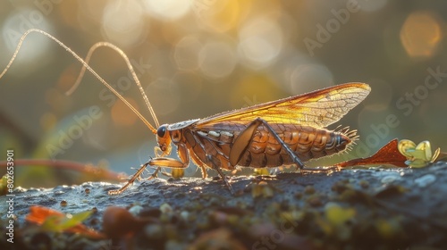 Close-up view of a cricket perched on a brown leaf, illuminated by the sun to reveal intricate details like wing veins and tiny body hairs. Macro photography captures the beauty of nature photo