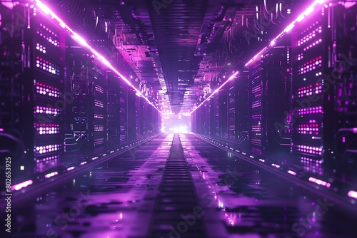 Digital defense barrier encircling server stacks, 4K, pulsating purple lights, intense scifi setting, frontal perspective