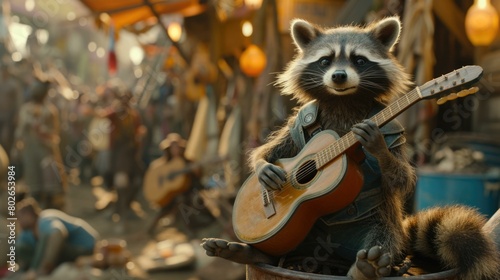 A raccoon wearing a vest and playing the guitar. AI.