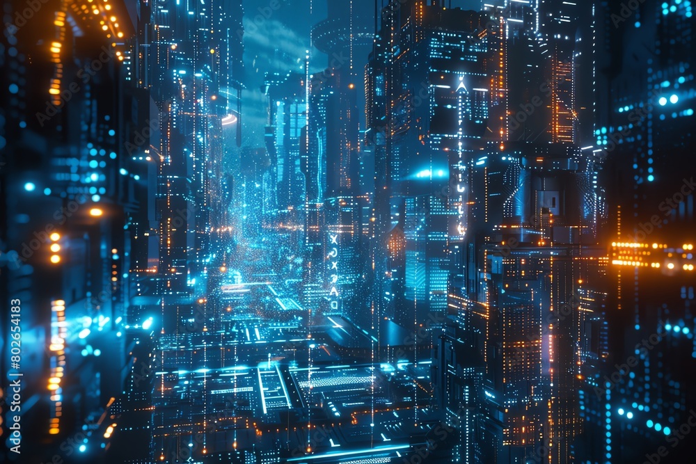 Futuristic network under active cyber protection, 4K, shimmering silver and blue lights, wide view, scifi style