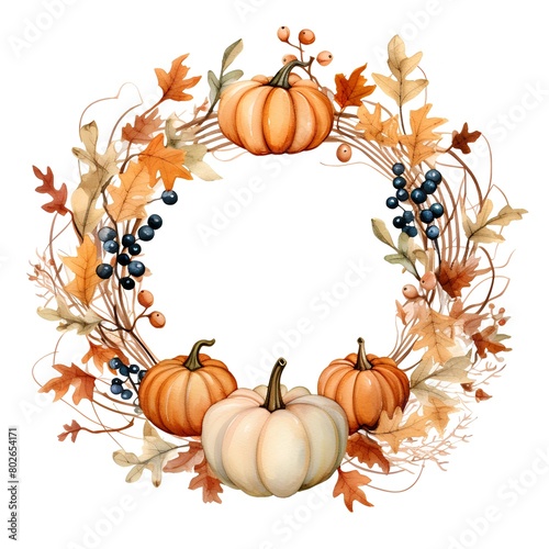 Watercolor autumn wreath with pumpkins  berries and leaves.