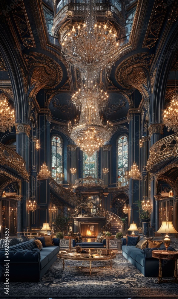 A stunning interior of a grand hall with intricate details and opulent furnishings. AI.