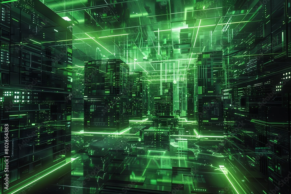 Network computers secured by a cyber shield, 4K, glowing green grid, scifi atmosphere, medium shot