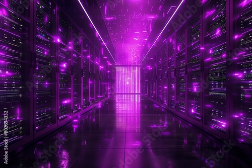 Holographic cyber barrier surrounding server racks, 4K, deep purple, intense scifi atmosphere, front view photo