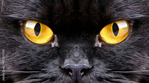 close up photo of black cat with intense yellow eyes