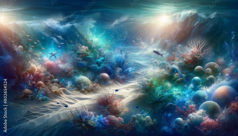  An underwater dreamscape by combining coral reefs, deep-sea creatures, and sunken treasures