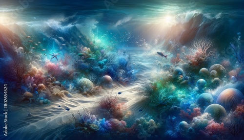  An underwater dreamscape by combining coral reefs, deep-sea creatures, and sunken treasures