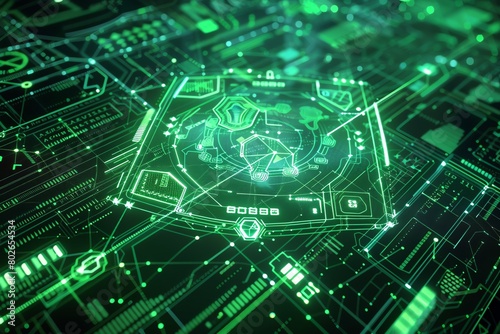 Network under a vibrant green cyber shield, 4K, holographic interface, scifi theme, angled shot