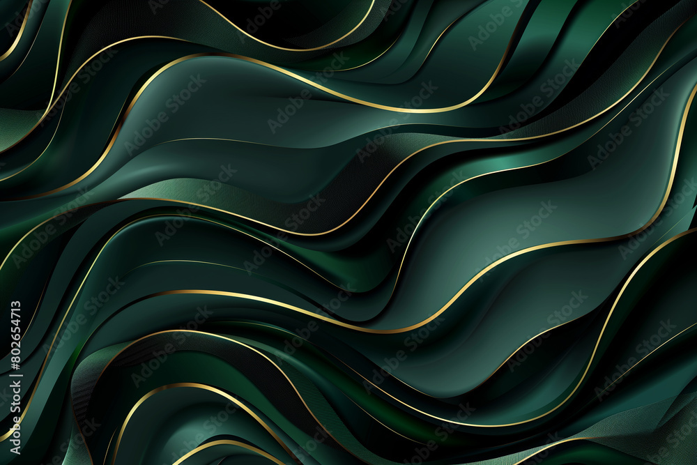Obraz premium Abstract background with green waves and golden lines, dark emerald and black colors