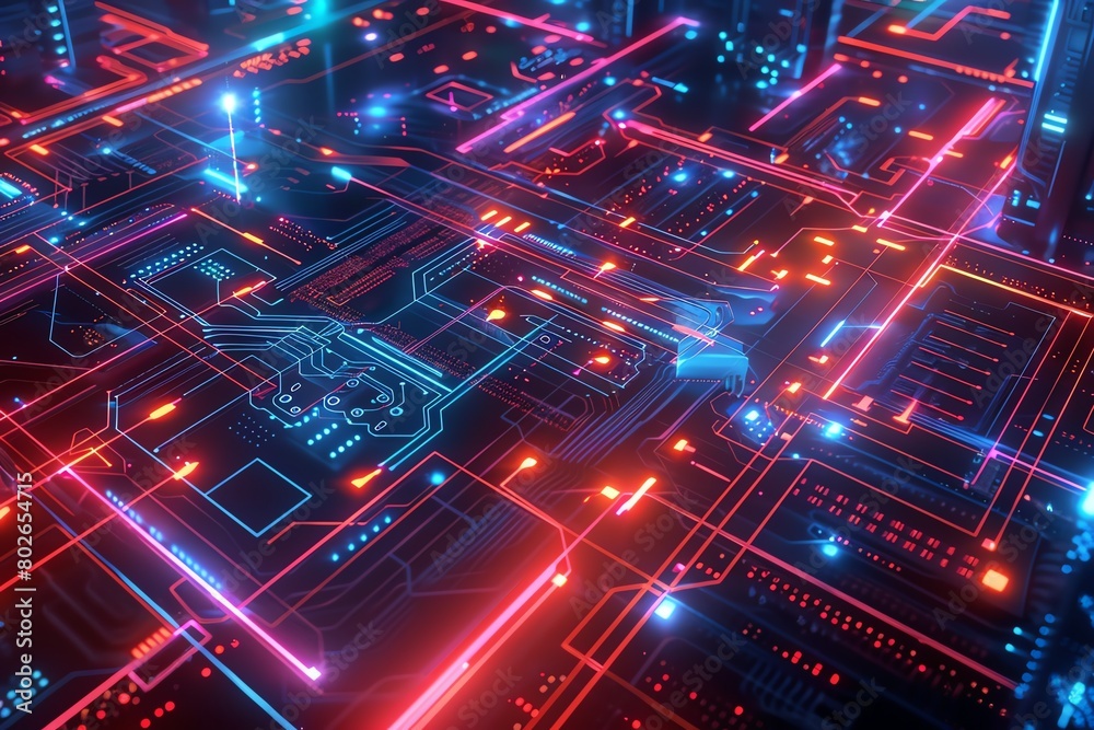 Scifi cybersecurity field, 4K, neon lines and nodes, protecting data center, birdseye perspective
