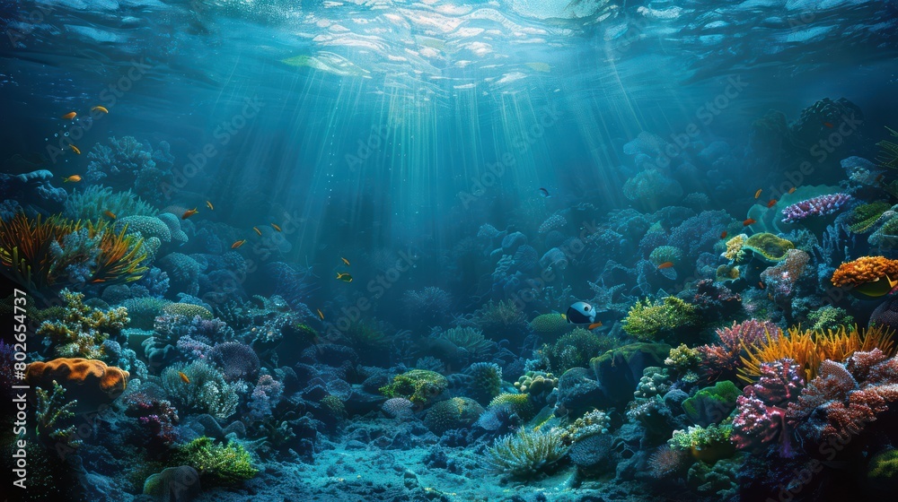 Fototapeta premium Underwater view of coral reef with fish and rays of light.