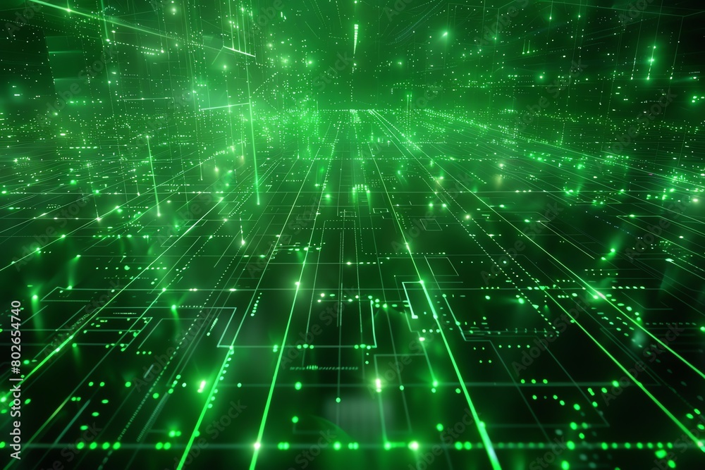 Scifi cybersecurity field around network nodes, 4K, radiant green grid lines, topdown view