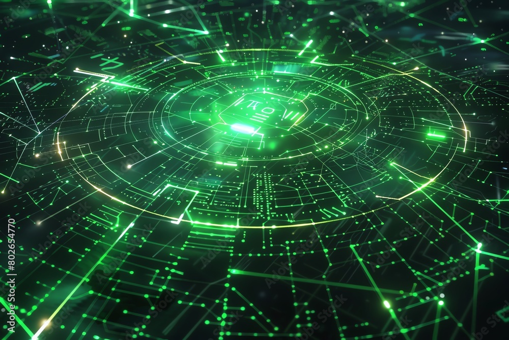 Scifi cybersecurity field around network nodes, 4K, radiant green grid lines, topdown view Scifi cybersecurity field around network nodes, 4K, radiant green grid lines, topdown view