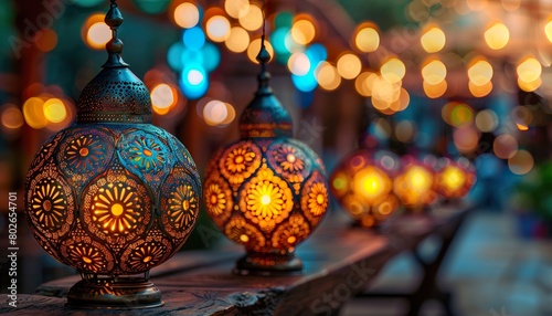 Group of Lit Lanterns on Table, Eid Al-Adha celebration