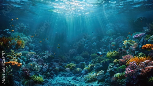 Underwater view of coral reef with fish and rays of light.