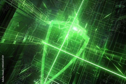 Scifi network defense with a luminous shield, 4K, neon green grid lines, overhead perspective © Pniuntg