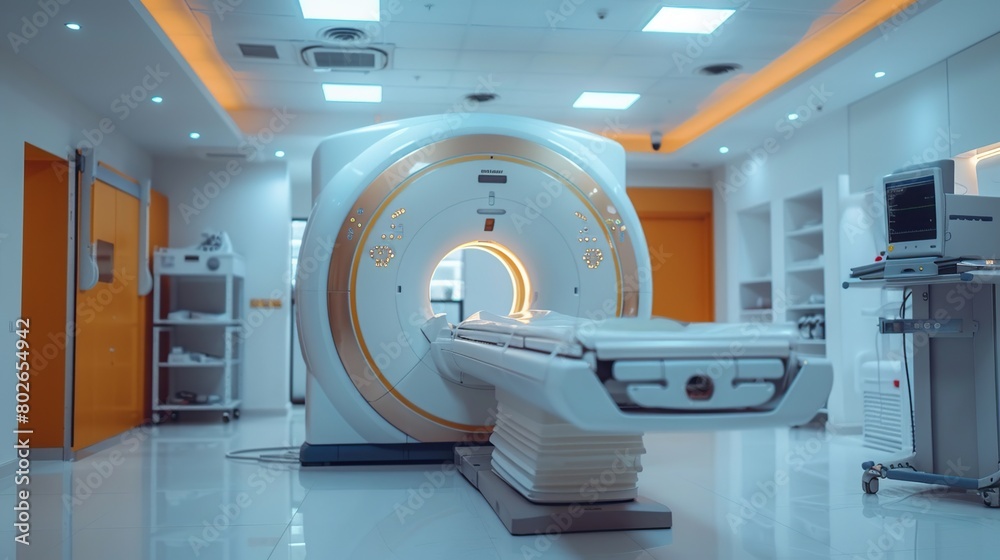 Magnetic resonance diagnostic machine in a modern hospital laboratory. Technologically advanced medical equipment Magnetic resonance diagnostic machine in a modern hospital laboratory. Technologically advanced medical equipment