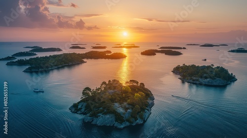 Aerial view of beautiful tropical islands at sunset time - Holiday Vacation concept