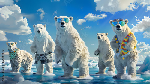 A group of polar bears are sunbathing with goggles on a patch of ice in the sea in summer photo