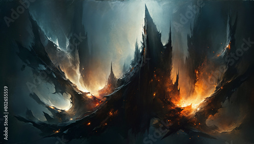 Surreal fantasy landscape of towering spires ablaze