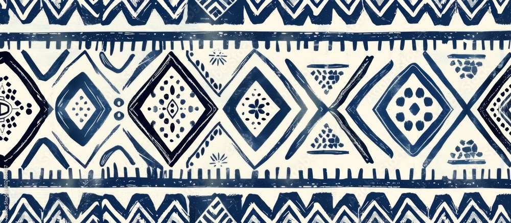 A fabric with a blue and white tribal print design, showcasing a repeating pattern of diamonds in varying sizes