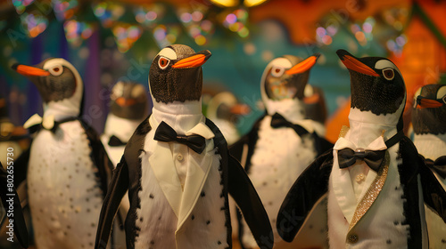 a group of penguins in suits and bow ties lined up as if they were going to dance
