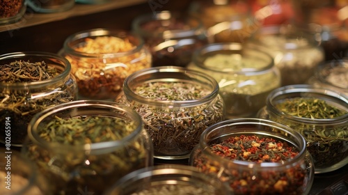 A variety of looseleaf teas on display each with its own unique aroma and flavor for guests to choose from. photo