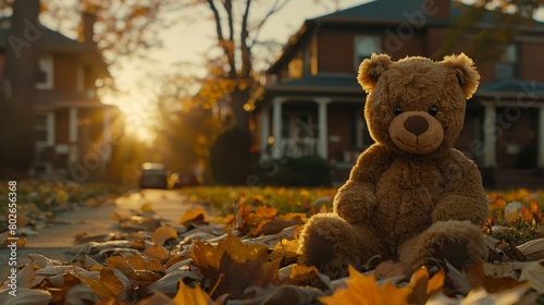 A teddy bear sitting on a pile of fallen autumn leaves in front of a house. The bear looks sad and lonely, enhancing its lost and alone appearance in the low angle shot