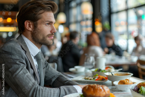 Create a scene of a male professional office worker having lunch at a city cafe  dressed in smart office attire  enjoying a moment of relaxation in the urban hustle.
