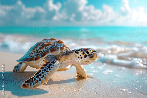 Close-up of a beautiful turtle exploring the tranquil beach with turquoise waters and white sand. Serene coastal landscape with sunlight. Nature photograph