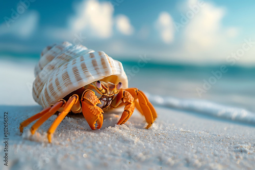 Close-up of a beautiful hermit crab exploring the tranquil beach with turquoise waters and white sand. Serene coastal landscape with sunlight.