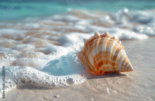 Close-up of a beautiful shell on the tranquil beach with turquoise waters and white sand. Serene coastal landscape with sunlight.