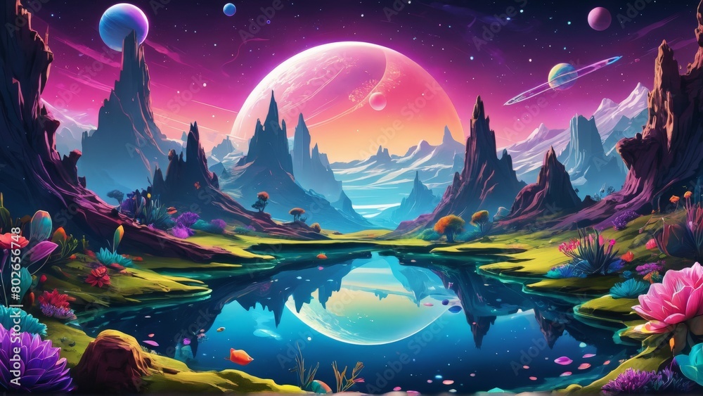 Fototapeta premium Winter scene ornaments against a dark, starry sky evokes a sense of a peaceful night on another planet