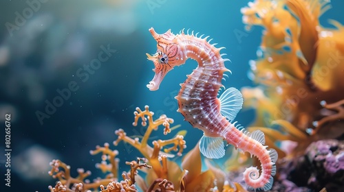 A close shot of a sea horse in colorful coral reef with a big space for text or product advertisement background, Generative AI. © Noobs