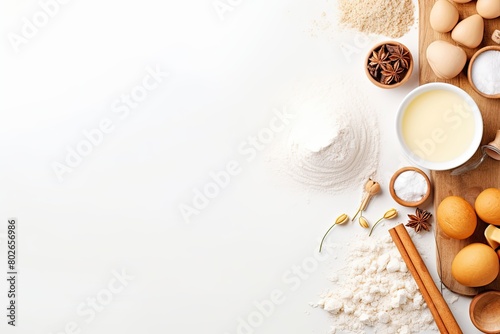 Baking ingredients and tools on white background 