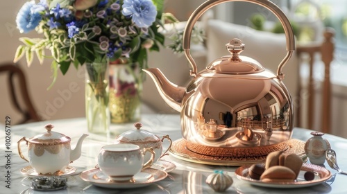 An elegant copper kettle and a collection of artisanal teas make for a perfect setup to enjoy a cup of premium tea in the comfort of your own home.