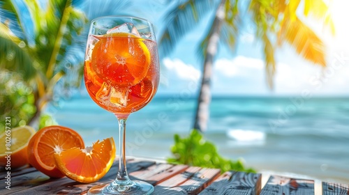 In a clean wooden surface aperol spritz summer drink in glass with a blurry sea view and summer daylight with space for text, Generative AI.