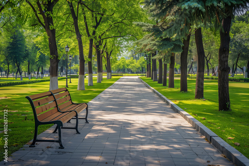A wide park sidewalk flanked by benches, lush greenery, and trees, with modern landscape design