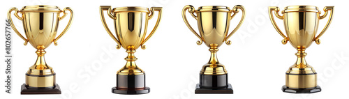 Collection of winning golden trophy cups for first prize , isolated on a transparent background. PNG, cutout, or clipping path	
