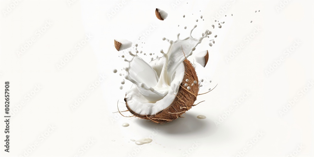 coconut milk splashing from coconut and there were small pieces of coconut floating around. on a white background coconut milk splashing from coconut and there were small pieces of coconut floating around. on a white background