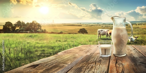 Milk in glass and jug on wooden table with livestock, dairy farm, beautiful pasture landscape. bright blue-sky background