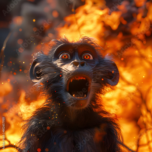 A 3D animated cartoon render of a baboon warning campers of an approaching forest fire.